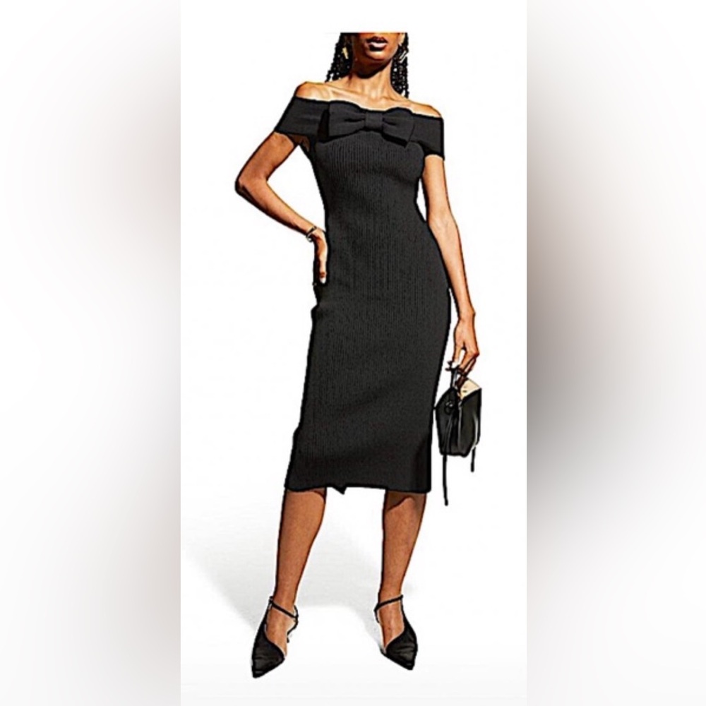 Carolina Herrera bow-detail ribbed knit cocktail little black dress - S NWT